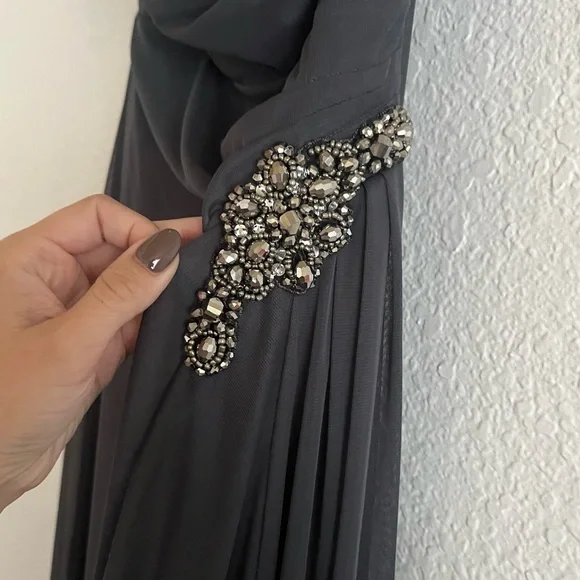 Alex Evenings Gunmetal Formal Long Dress One Shoulder Embellished Gown - Picture 5 of 9